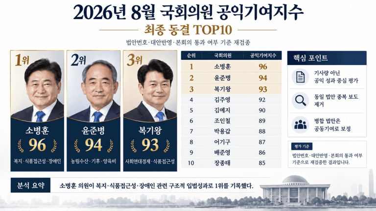 소병훈, 8월 국회의원 공익기여지수 1위…윤준병·복기왕 TOP3
